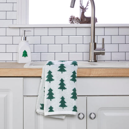 SKL Home Christmas/Winter Holiday Trees 100% Cotton Premium 2-Piece Hand Towel Set, 500 GSM, Reversible Jacquard, Soft & Absorbent, Decorative for Bath/Kitchen/Bar & Gift, Green/White
