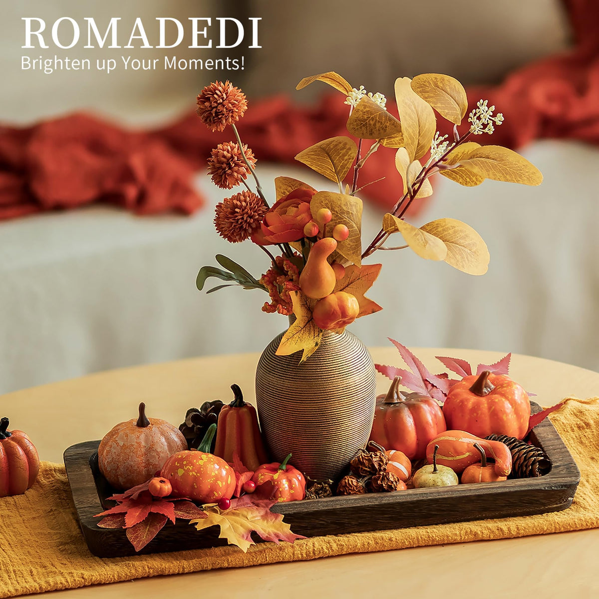 Romadedi Wooden Decorative Tray Candle Holder - Wood Long Narrow Tray Home Decor Small Rustic Centerpieces Trays for Coffee Table Dining Room Kitchen