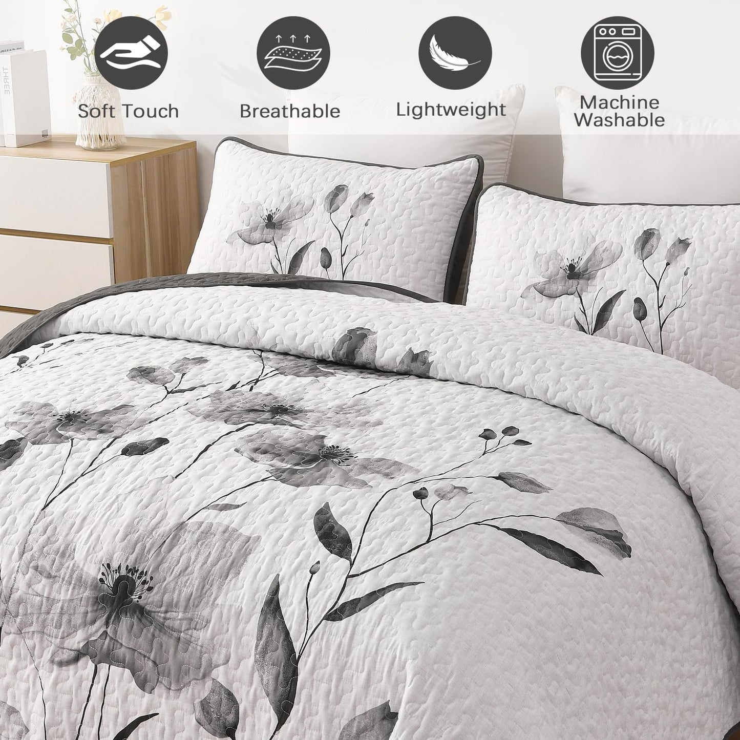 Mybedsoul Floral Quilt Set King Size, 3 Pieces Grey Bedspread Coverlet Set, Lightweight Farmhouse Botanical Bedding Set for Fall Winter All Season(104"x90")