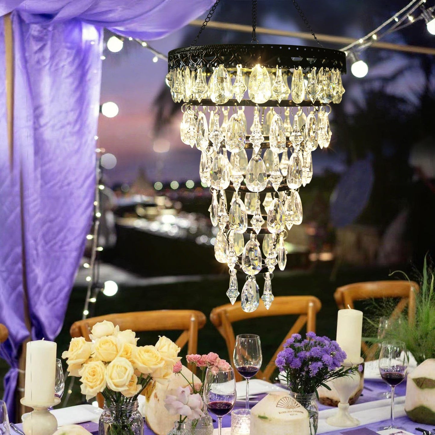 Solar Hanging Crystal Chandelier Outdoor Waterproof Garden Light