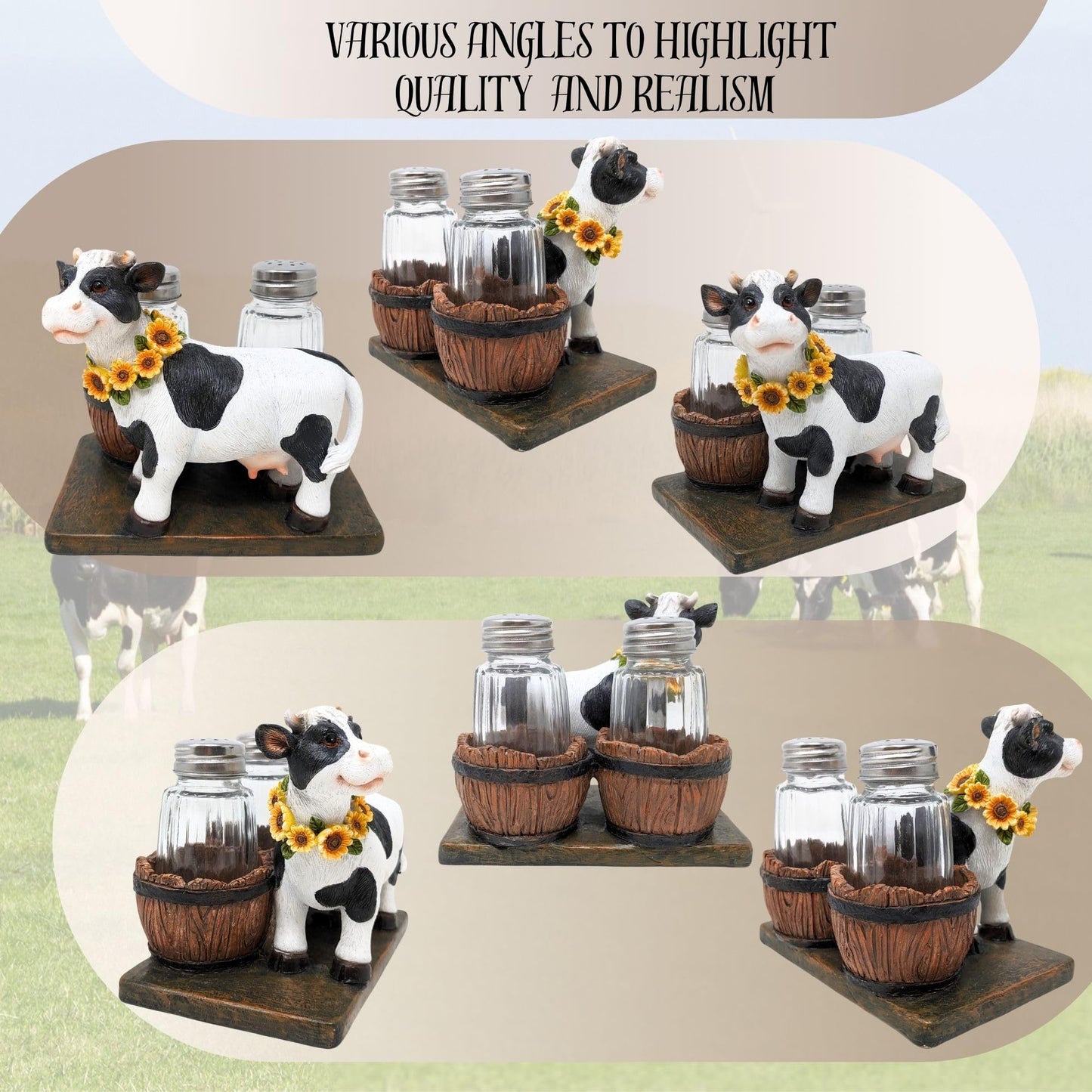 BestGiftEver Decorative Holstein Cow Salt and Pepper Shaker Holder – Rustic Farm Animal Salt and Pepper Set Spice Rack for Farmhouse Kitchen Decor - Gifts for Cow Collectors and Farmhouse Lovers