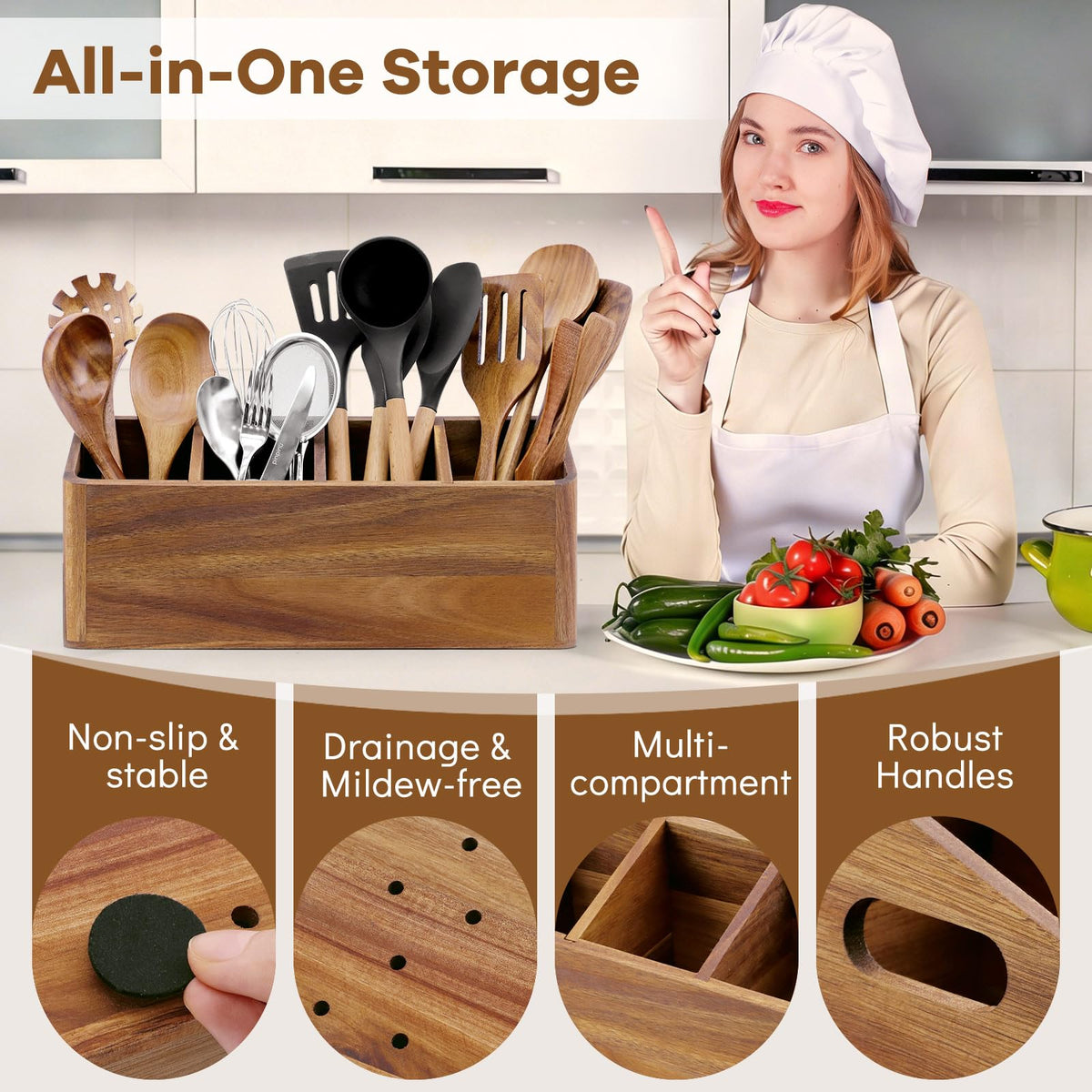 Wooden Kitchen Utensil Holder Countertop, Wooden Cooking Utensil Holder