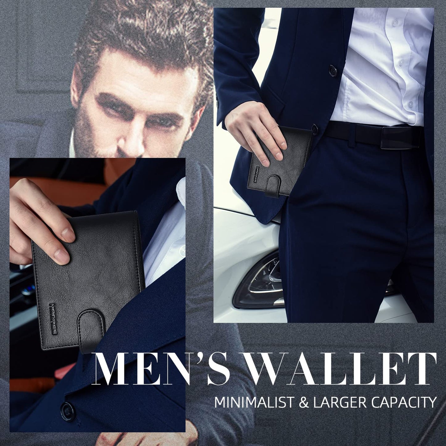 HOCRES Wallets for Men, RFID Blocking Wallet,Mens Wallet, Leather Wallet with 14 Credit Card Holders, 2 Banknote Compartments, 2 ID Window, Minimalist Mens Wallet with Gift Box, Black