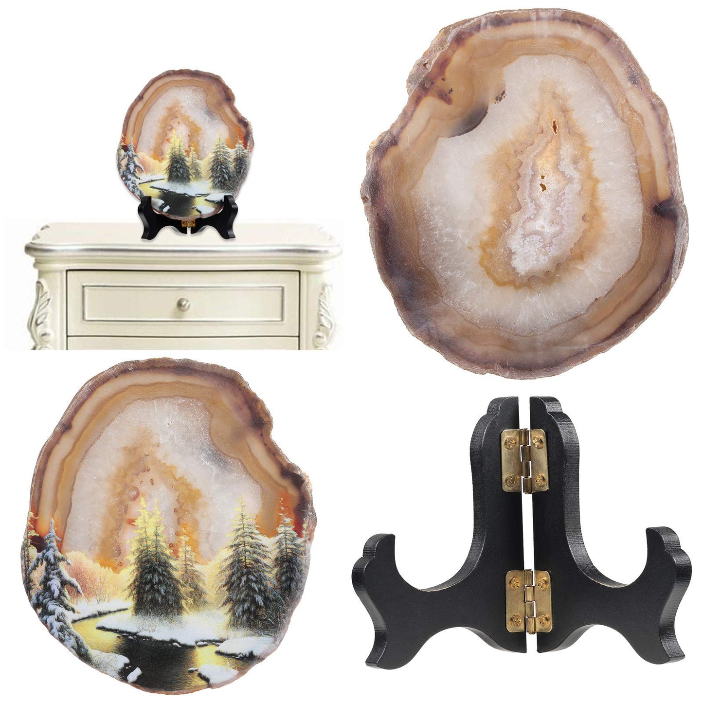 mookaitedecor Natural Agate Slice Art Print Forest Pattern Table Display with Wooden Stand, Irregular Agate Geode Stone Figurine for Office & Home Decoration