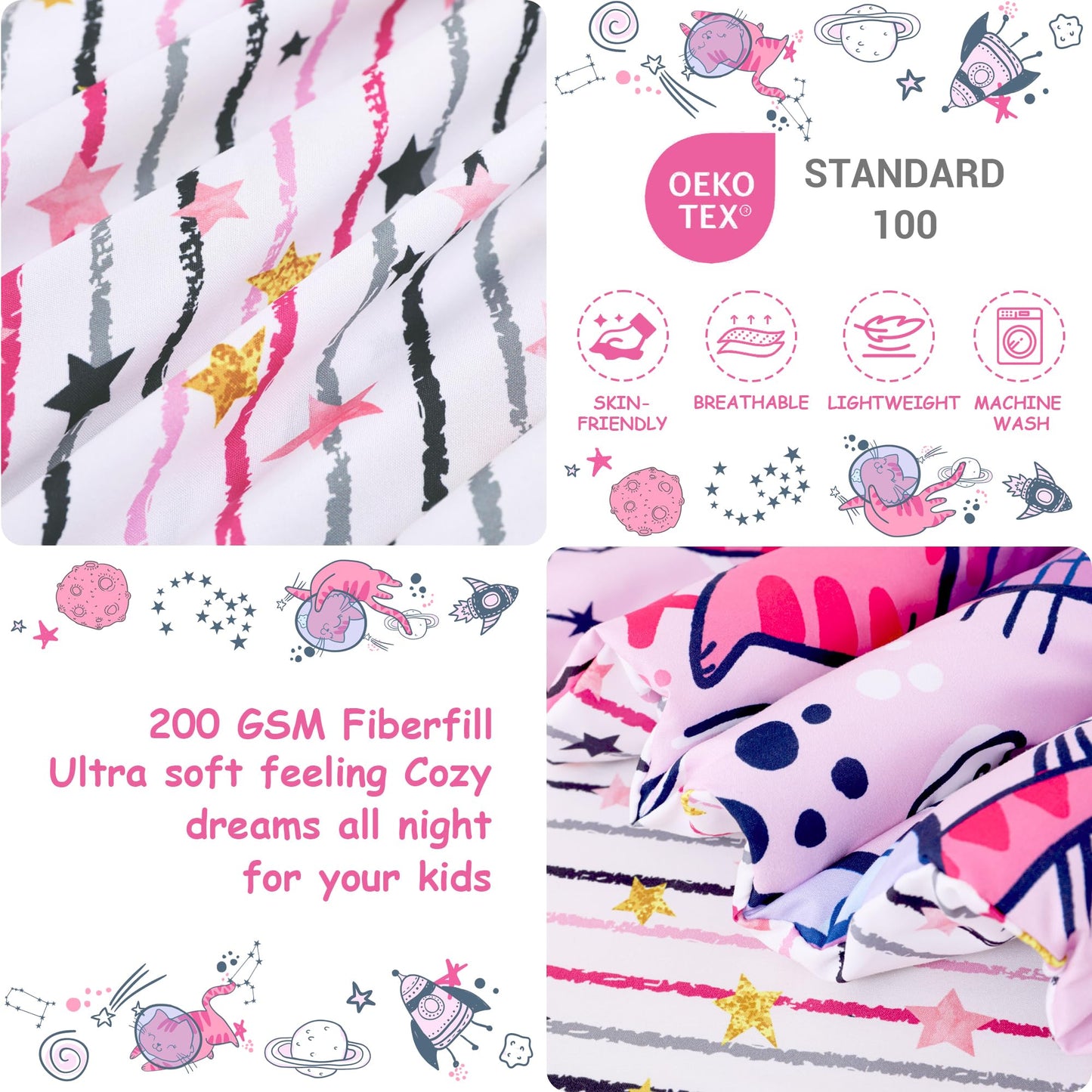Mooreeke 4 Pieces Toddler Bedding Set - Pink Cute Space Cat Toddler Comforter Sets for Girls, Includes Comforter, Flat Sheet, Fitted Sheet and Pillowcase, Bed in A Bag for Baby Bedroom