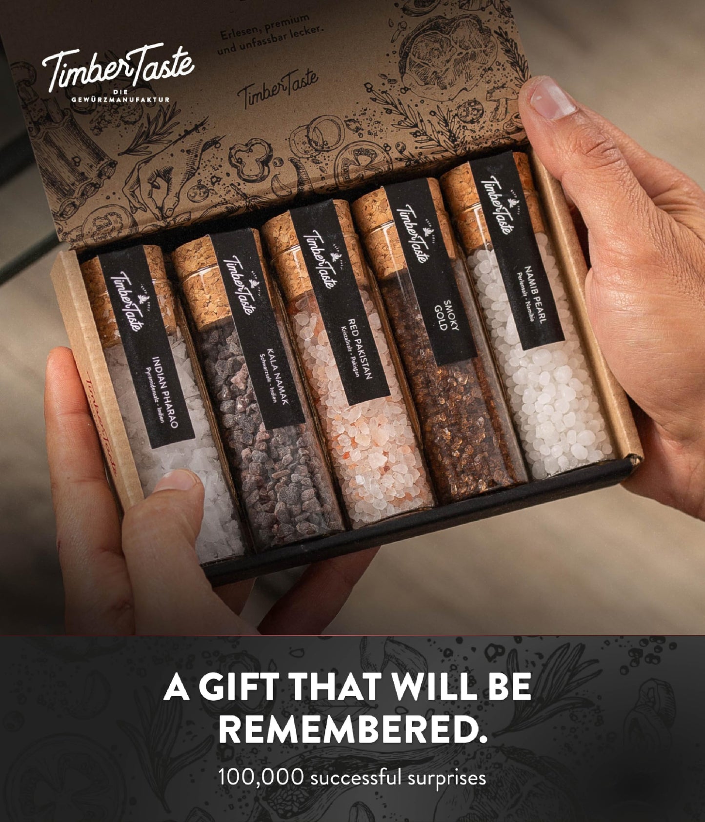 TIMBER TASTE® Premium Salt Sampler Set - 5 Gourmet Finishing Salts Smoky Gold Kala Namak Indian Pharao Pyramidensalz Namib Pearl | Sea Salt Mens Gifts Foodie Cooking Kit - Birthday Gift for Him