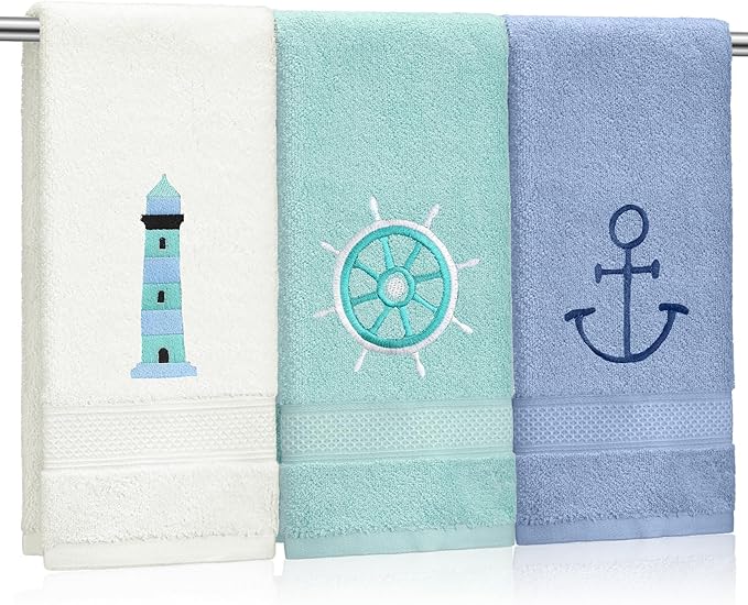 3 Pack Nautical Hand Towels for Bathroom 100% Cotton Embroidered Beach Bathroom