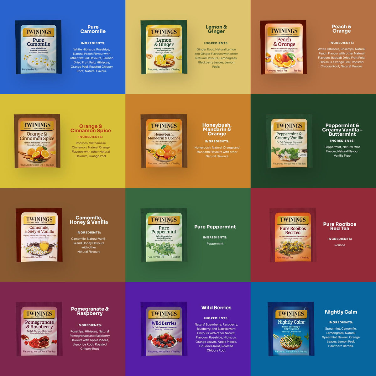Twinings 48 Tea Bags Herbal Variety Pack – 12 Caffeine-Free Flavors + 20 Honey Sticks, Relaxing Herbal Tea Gift Set for Tea Lovers, Bedtime & Daily Wellness