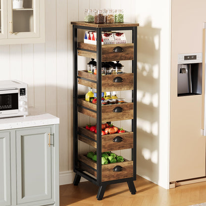 Tribesigns Wood Fruit and Vegetable Storage Rack, 5-Tier Narrow Snack Stand Kitchen Stand Fruit Basket, Pull-Out Utility Organizer for Kitchen, Living Room, Rustic Brown