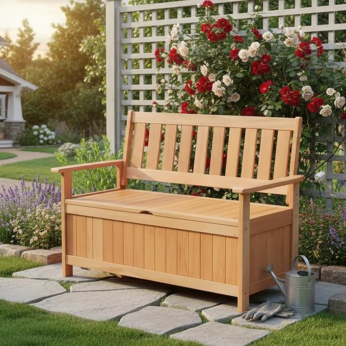 Tangkula 48 Inch Outdoor Wood Storage Bench Deck Box, Wooden Storage Loveseat with 34.2 Gal Inner Space, Entryway Bench Deck Box with Slatted Backrest, Storage Seat for Garden, Lawn, Balcony & Porch