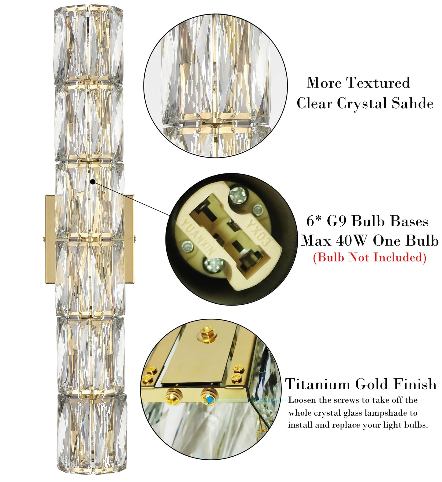 SAMTEEN 24-Inch Crystal Wall Sconce Gold Sconces Wall Lighting Mid-Century Modern 6-Light Luxury Brass Glass Wall Light Fixture for Bedroom Hallway Bathroom Vanity Light Fixtures