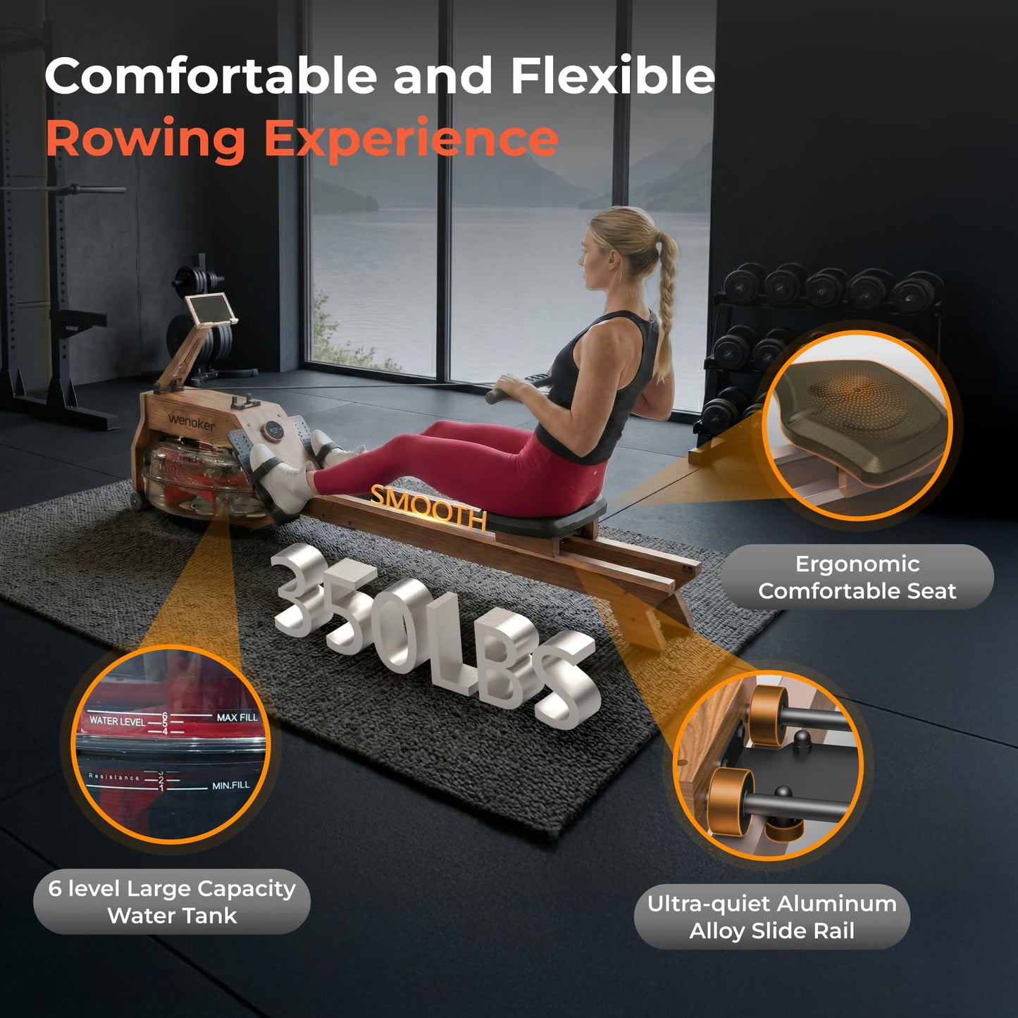 WENOKER Water Rowing Machines for Home Use, Professional Rower Machine with Smart Electronic Knob,Wooden Row Machine with LCD Monitor & Comfortable Seat, Bluetooth App Compatible for Home Gym 400 LBS