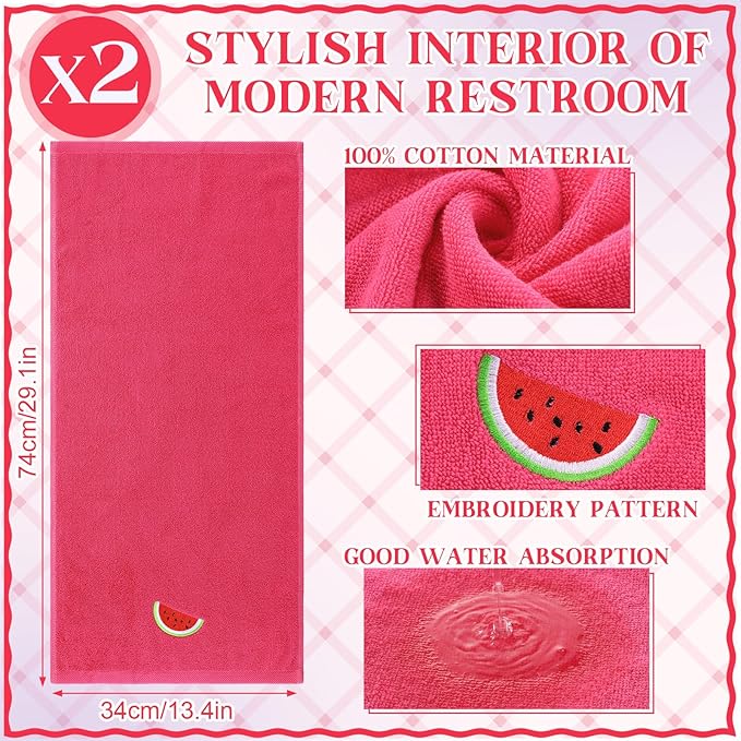 2 Pcs Watermelon Hand Towels Bright Pink Bathroom Decor 14x29 Inch Embroidered