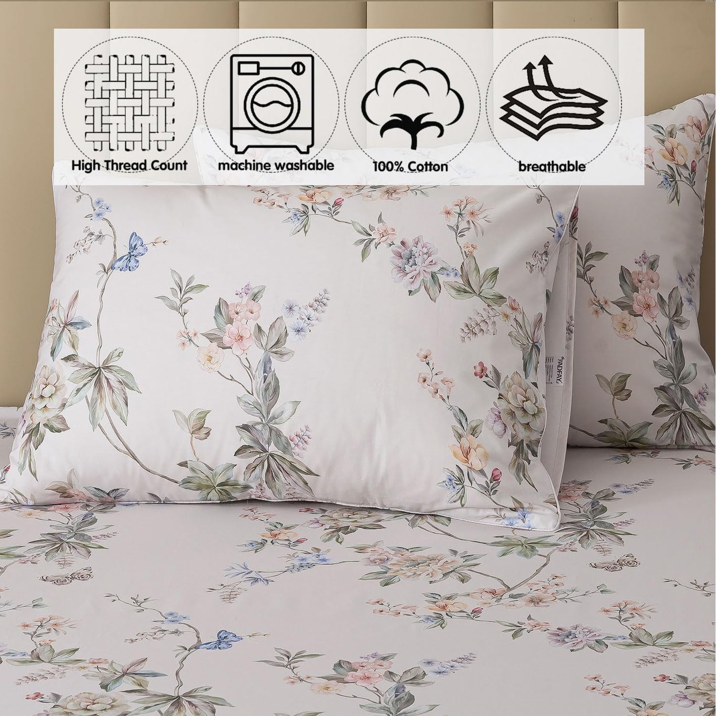 FADFAY California King Sheet Set Percale Cotton, Soft Deep Pocket Fitted Sheet, Country Style Floral & Butterfly Pattern Bedding for All Seasons, Crisp & Breathable for Hot Sleepers,4Pcs