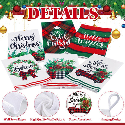 Kajaia 6 Pcs Christmas Kitchen Towels 15.8 x 23.6 Inch Xmas Holly Berry Dish Towels Absorbent Farmhouse Red Buffalo Plaid Truck Hand Tea Dishcloths for Christmas Winter Holiday Decor