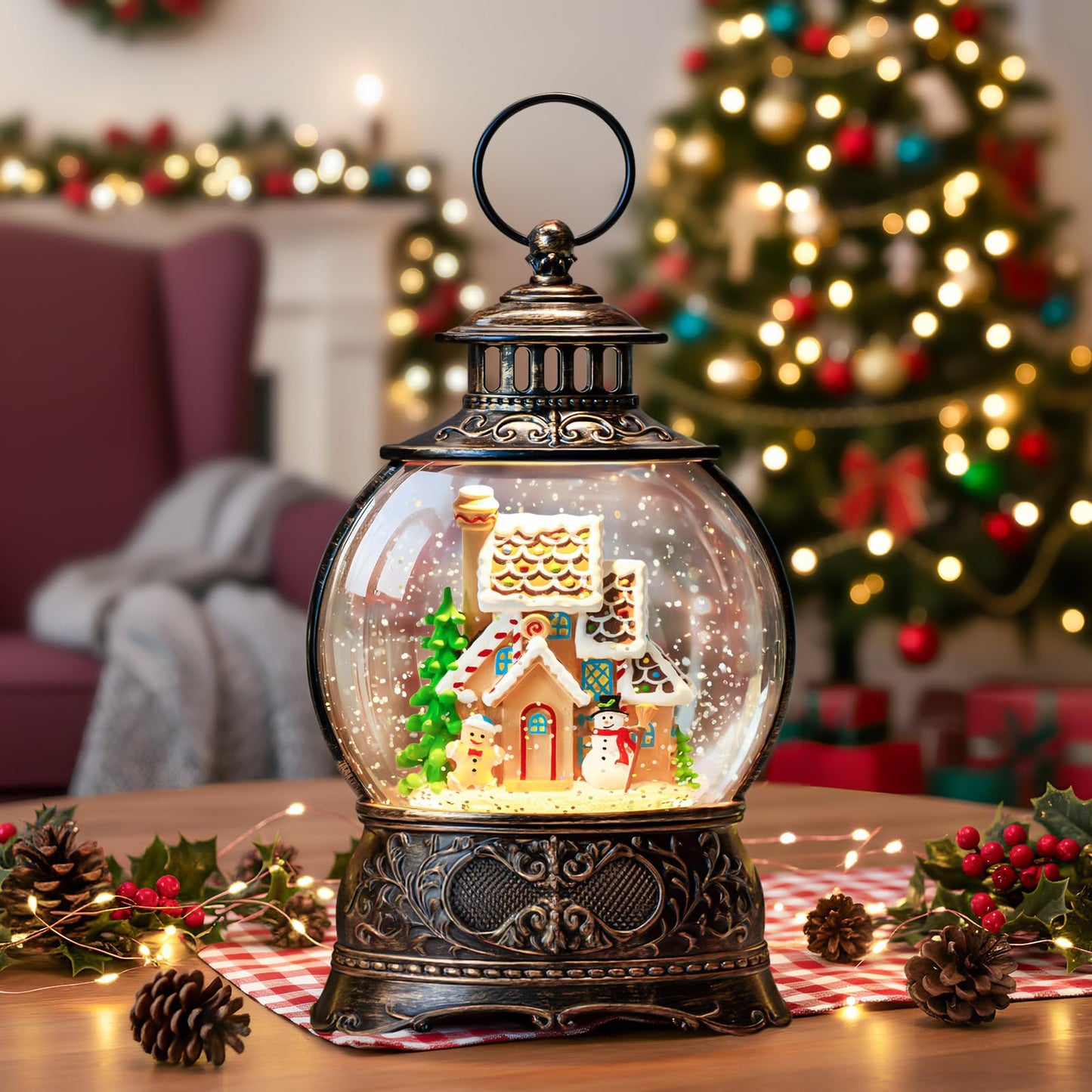 10" Christmas Snow Globes Lantern, Sparkling Musical Snowman Gingerbread House Lanterns, USB and Battery Powered Christmas Home Tabletop Decorations Gift
