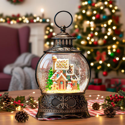 10" Christmas Snow Globes Lantern, Sparkling Musical Snowman Gingerbread House Lanterns, USB and Battery Powered Christmas Home Tabletop Decorations Gift