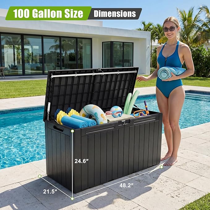 Flamaker Resin Deck Box 100 Gallon Large Lockable Outdoor Storage Box Waterproof for Patio Cushions, Tools, Pool Accessories (Black)