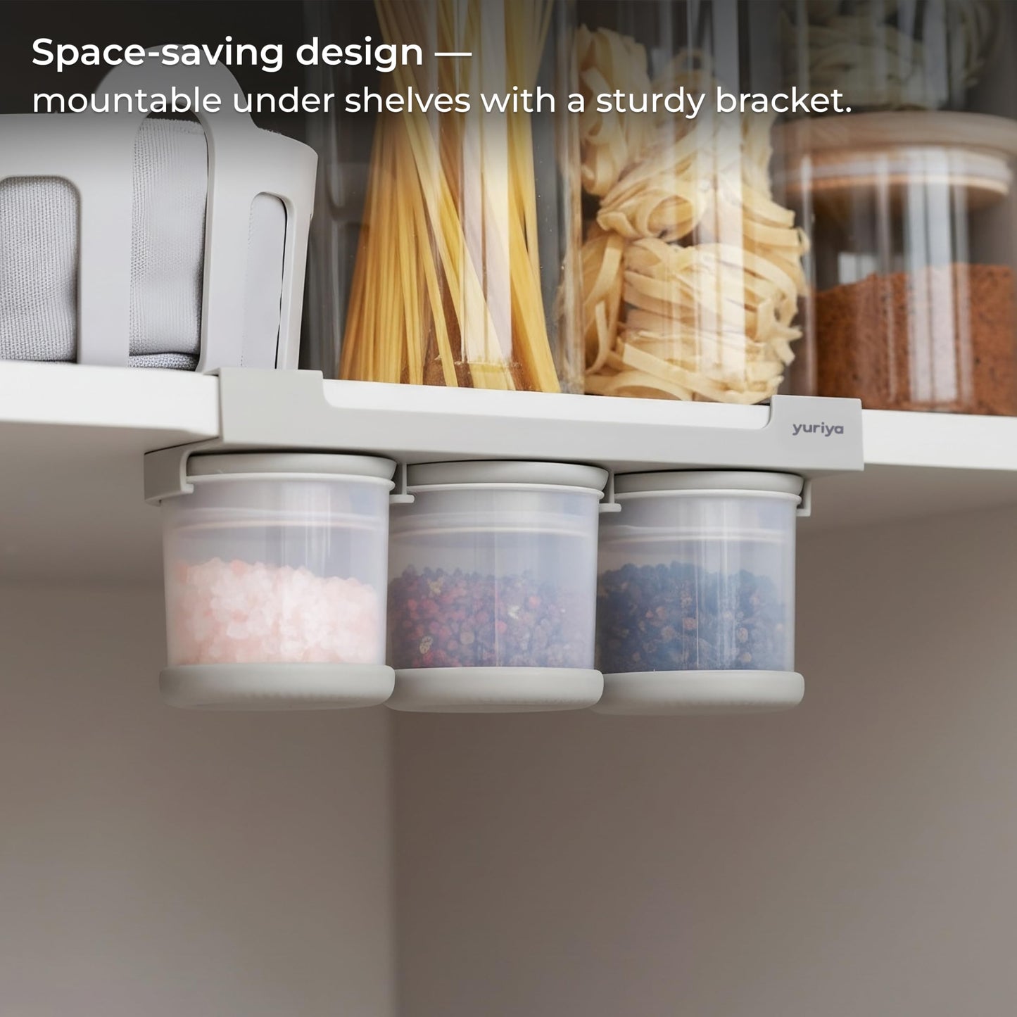 yuriya Under Cabinet Spice Rack for Cabinet Storage, Under Shelf Organizer with 3 Airtight Hanging Jars & Measuring Lids, Space-Saving for Salt, Sugar, Seasonings