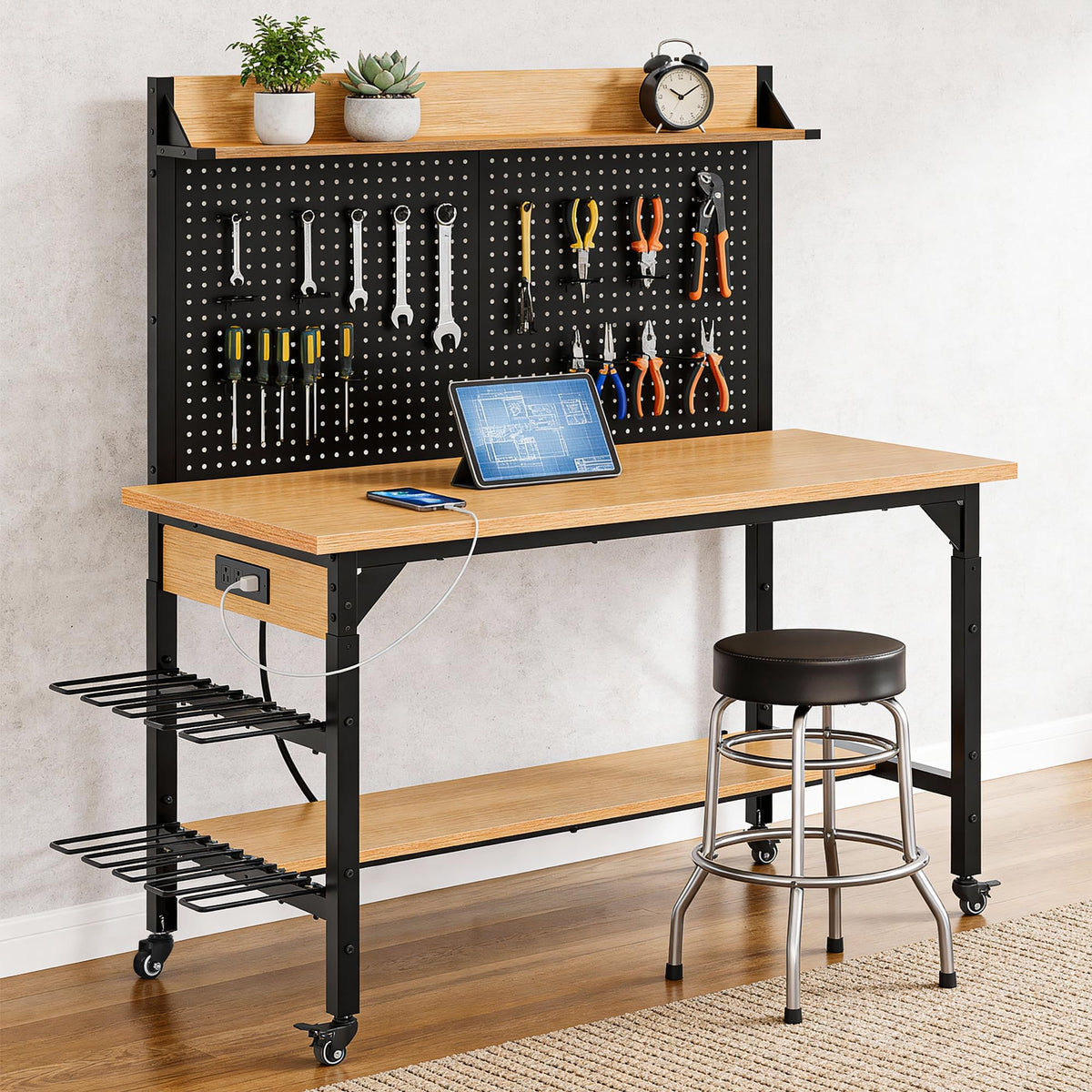 DWVO 47.2" Adjustable Height Workbench with Pegboard and Storage Shelf, Heavy Duty Work Bench with Wheels, Load 1100lb, Work Table with AC/USB Outlet, LED Light, Hooks, for Garage, Workshop, Home