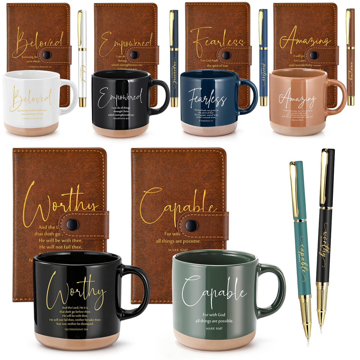 Potchen 18 Pcs Christian Gift Set for Women Men, 13oz Bible Verse Ceramic Coffee Mugs with Leather Journal Pen Inspirational Religious Gifts for Office Coworkers Pastor Church (Bible,Neutral Brown)