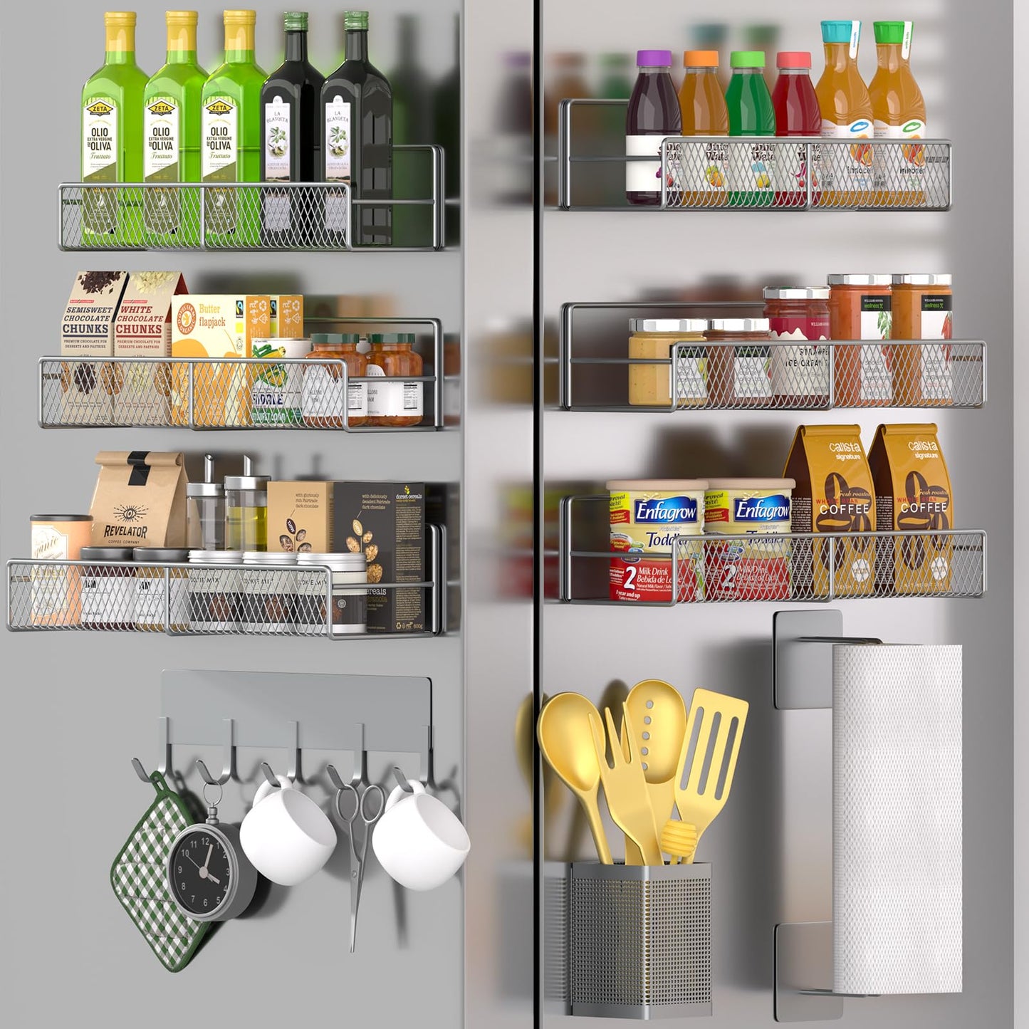 Magnetic Spice Rack for Refrigerator, 6 Pack 100% Metal Strong Magnet Shelf, Space Saving Spice Organizer, Home Kitchen Laundry Room Storage Organization W/ Paper Towel Holder, Utensils Racks (Grey)