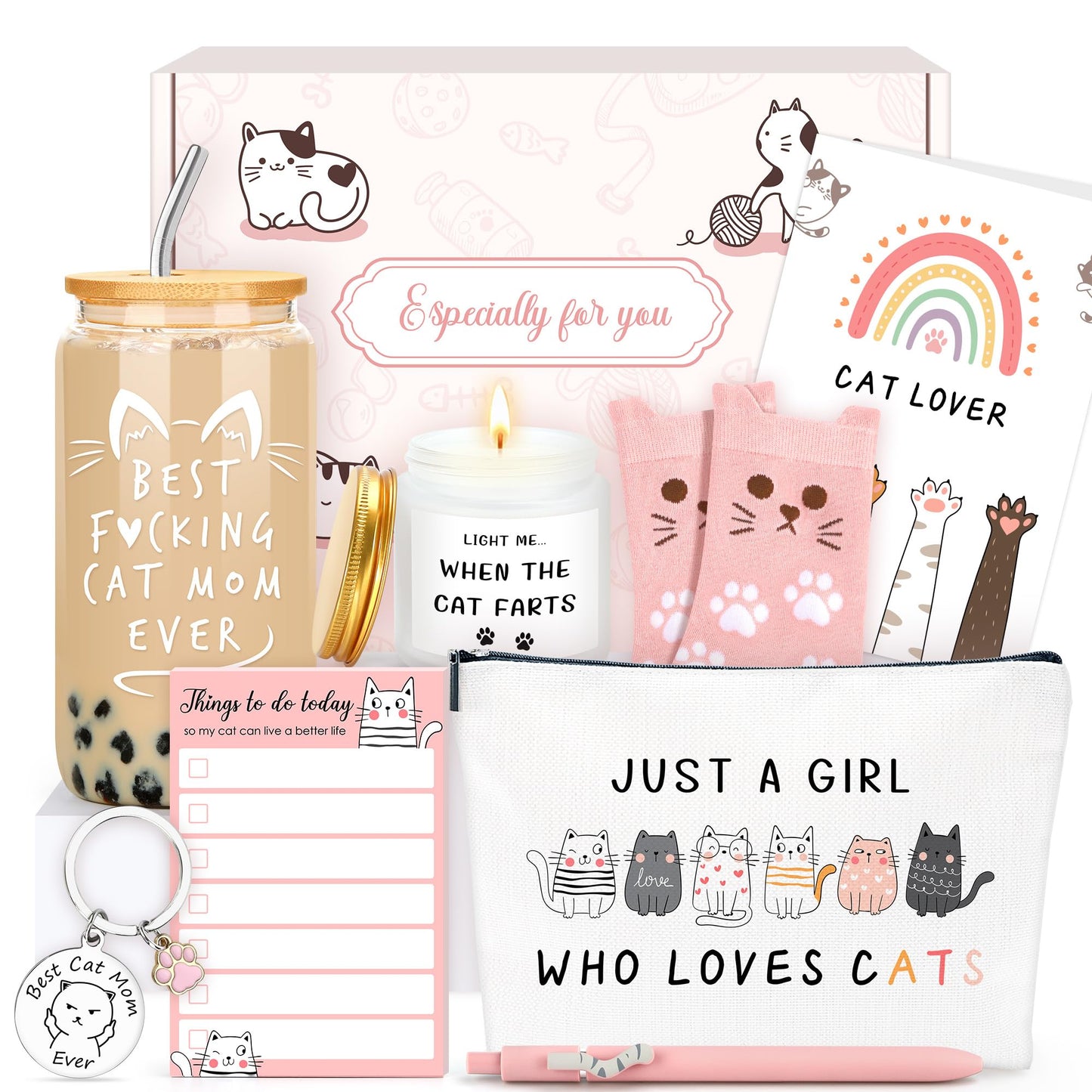 Verouis Cat Mom Gifts for Women Unique Cat Themed Gift for Cats Lovers Gifts for Women Funny Cats Accessories for Woman - Kitty Paw Socks Keychain Pen Candle Cup Sticky Notes Makeup Bag Card