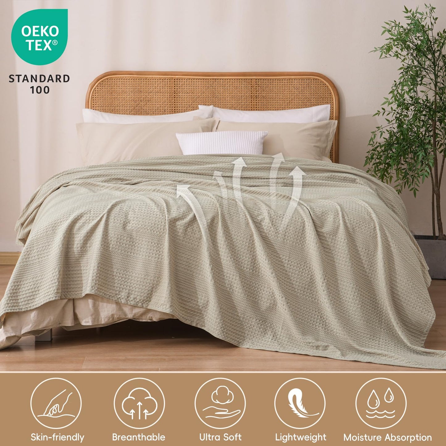 David's Home Cozy Waffle Weave Throw Blanket, Ultra Soft Breathable Lightweight Skin-Friendly Throw for All Seasons, Elegant Room Decor for Couch Bed Sofa Car Travel, Natural