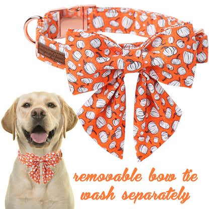 Unique Style Paws Halloween Day Dog Collar with Bowtie Line Pumpkin Cotton Dog Collars for Small Medium Large Dogs