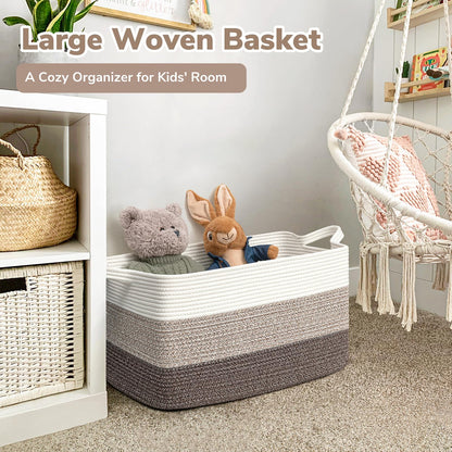 Goodpick Large Woven Storage Basket, 21.6"x14.9"x11.8", Blanket Storage for Bedroom and Living Room, Rectangle Rope Baskets for Storage, White Brown