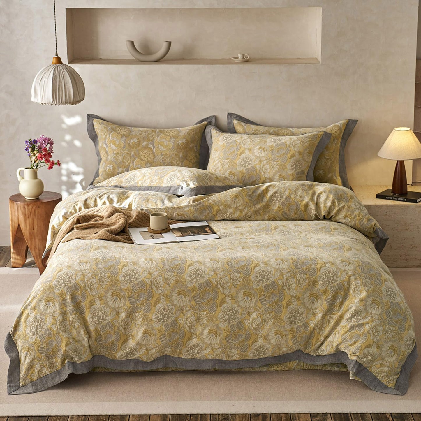 VM VOUGEMARKET Yellow Flower Duvet Cover Queen,3 Pieces Retro Jacquard Golden Floral Bedding Set,Linen Cotton Yarn-Dyed Textured Duvet Cover with Zipper Closure
