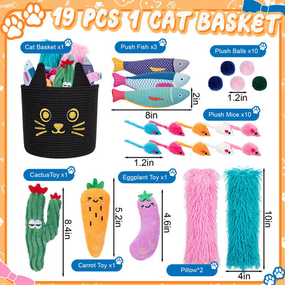 Leitee 20 Pcs Mother‘s Day Cat Storage Basket Gift Toys Bulk Set Cute Cotton Rope Basket, Fish Pillows Plush Balls Mice Toys Vegetable Cactus-Shaped for Pet Gifts, 9.8 Inch