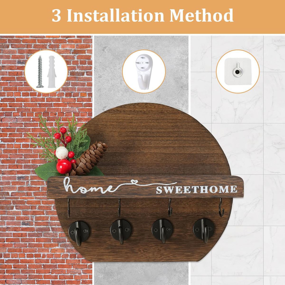 LEIRUOTM Key Holder for Wall, Key and Mail Holder Organizer - Key Holder Wall Mount with Bouquet Shelf and Key Hooks, Round Wooden Rustic Key Rack for Entryway and Home Decor (Brown)