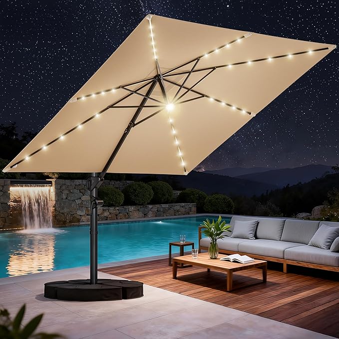 HOMSHADE 10 ft Square Cantilever Patio Umbrella with Base Included, Solar Lights Large Umbrella Outdoor Patio with 360°Rotation&Tilting, LED Lighted Offset Umbrellas w/Stand for Pool Deck