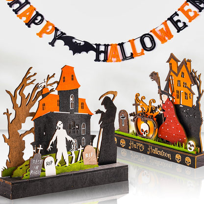 TrisolarSystem 2 Pieces Wooden Halloween Table Decorations Indoor, Festival Decoration Night Light, Witch Tombstone Castle Halloween Decor for Desk Table Fireplace Room Living Room Kitchen Office Bar