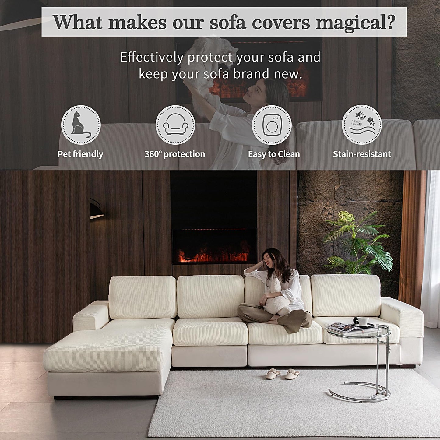 OHSIO Sectional Couch Covers, Wear Resistant Stretch Sofa Covers Washable Soft Couch Cushion Covers Anti Slip Furniture Protector Sofa Slipcovers for Pets(4 Pieces 3 Seaters+1 Chaise, Ivory)