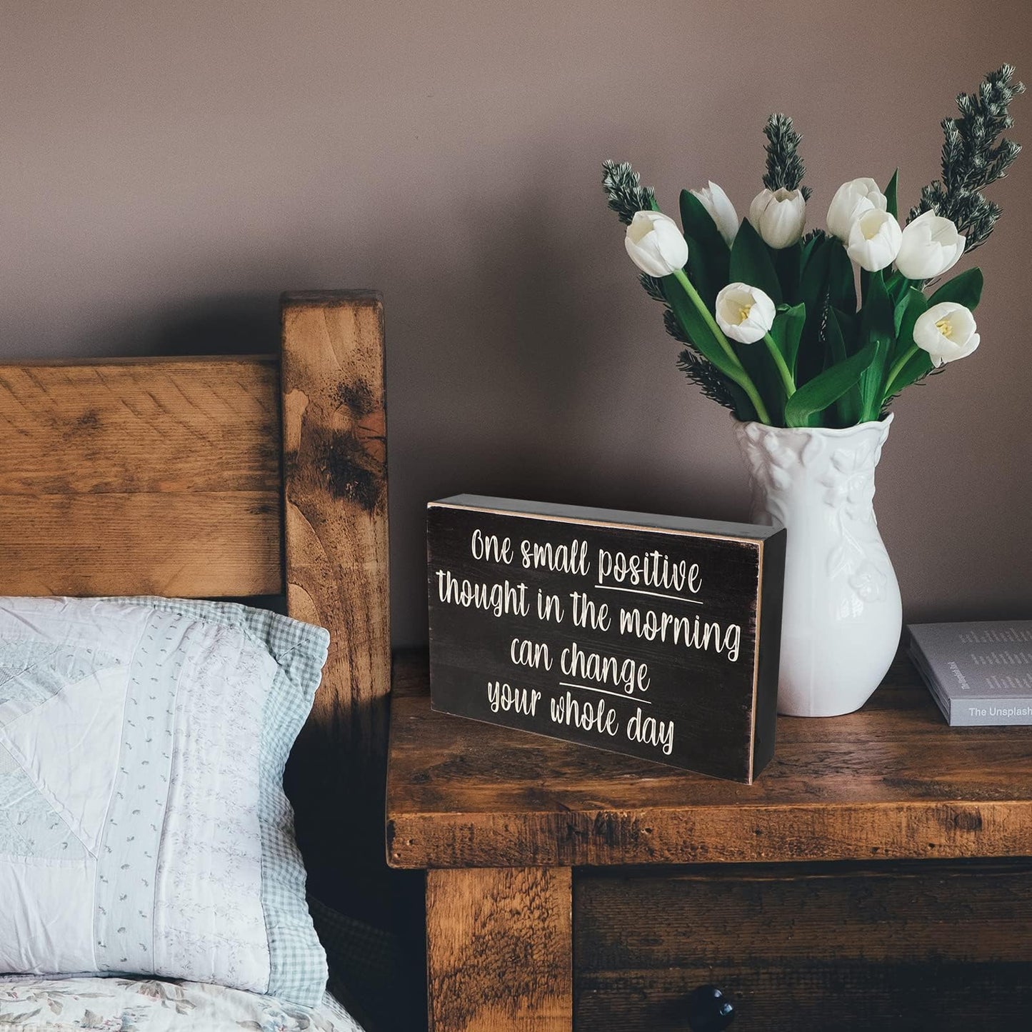 Esur Positive Thought Home Office Desk Wooden Box Sign Decor - Inspirational Shelf Wall Decoration Accessories for Women, Black