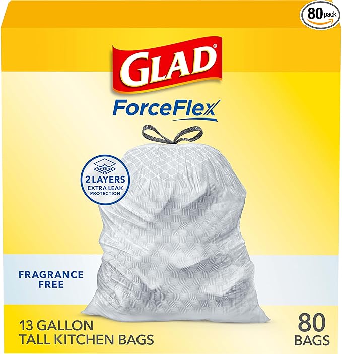 Glad ForceFlex Tall Kitchen Drawstring Trash Bags, 13 Gal, Fragrance Free
