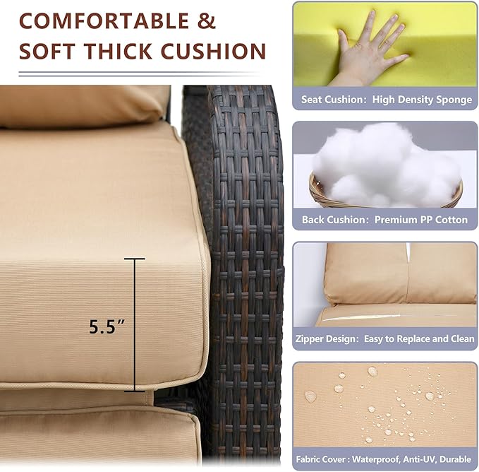 ATR ART TO REAL Outdoor Recliner, Outdoor Wicker Recliner Chair with 5.12'' Cushions, Automatic Adjustable Patio Chaise Lounge Chairs, Aluminum Frame. UV Protected and Rustless (Khaki)
