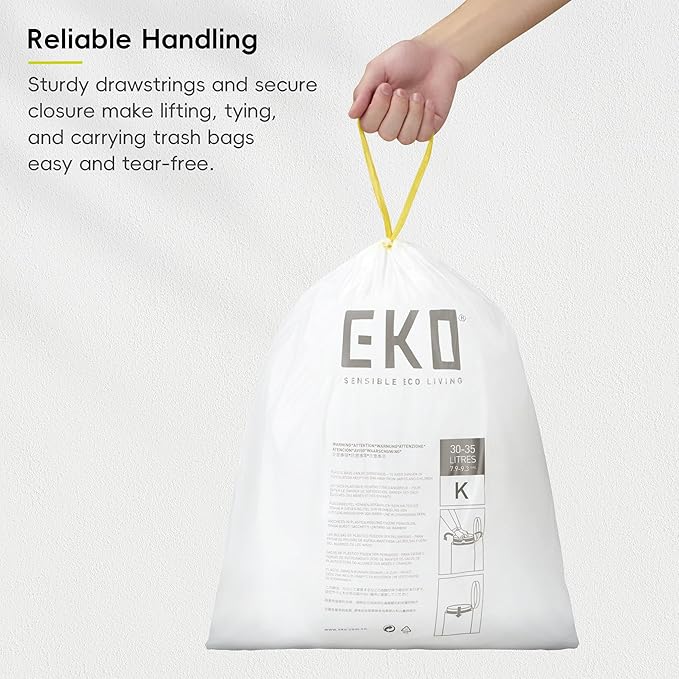 EKO 9.3 Gallon / 30–35 Liter Drawstring Trash Bags, Extra-Strong Leak-Resistant