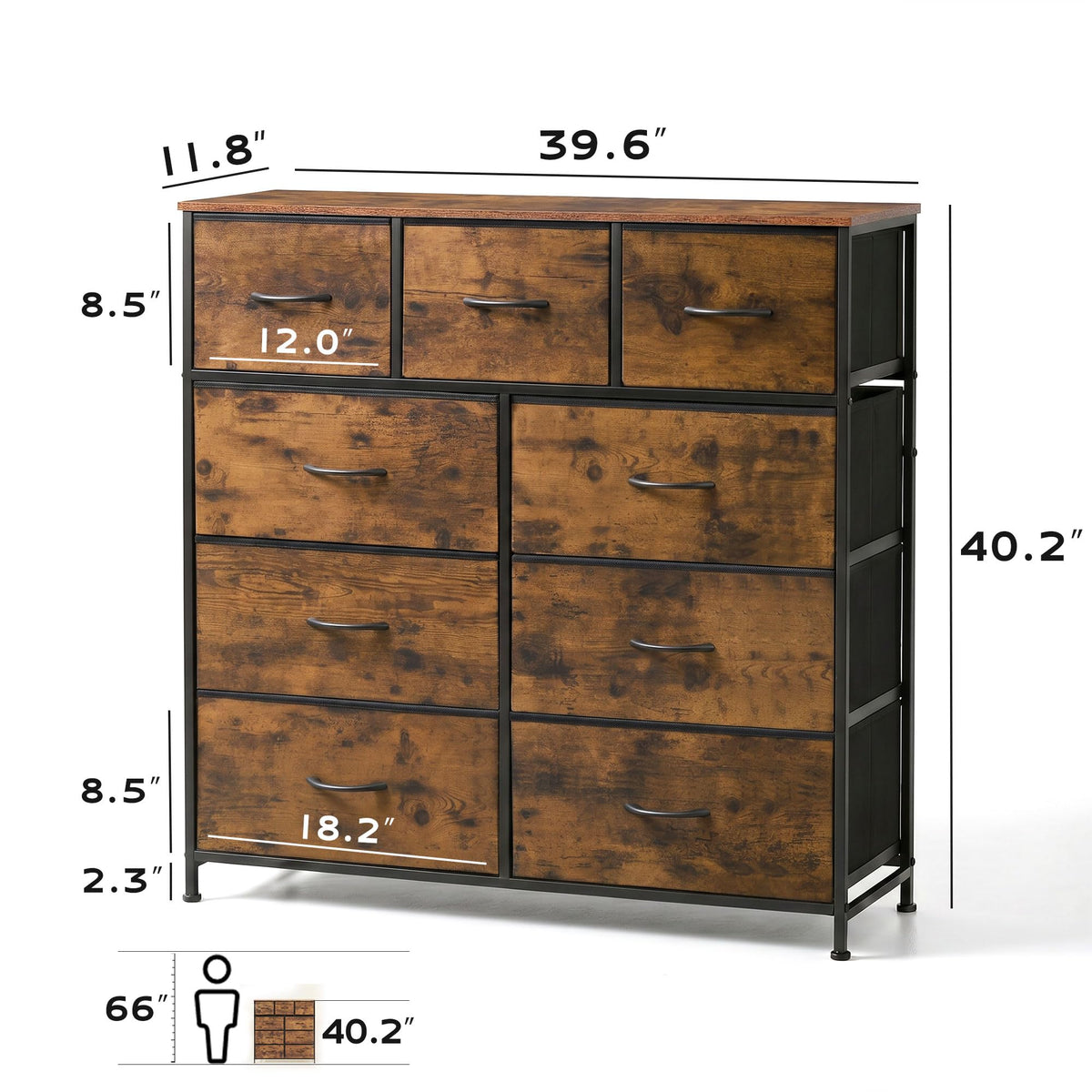 WLIVE 9-Drawer Dresser, Fabric Storage Tower for Bedroom, Hallway, Entryway, Closet, Tall Chest Organizer Unit with Fabric Bins, Steel Frame, Wood Top, Easy Pull Handle, Rustic Brown Wood Grain Print