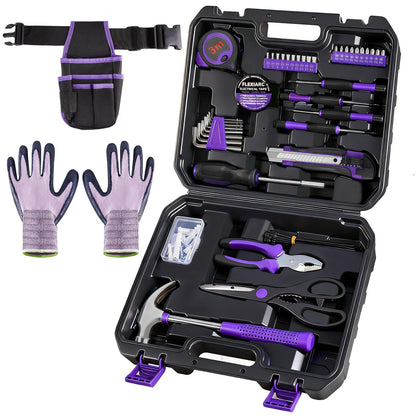 FlexiArc General Household Tool Set - Purple Hand Tool Kit with Waist Pouch & Gloves, Tool Kit for Women Everyday Home Repairs, DIY and Crafts, 112 pcs