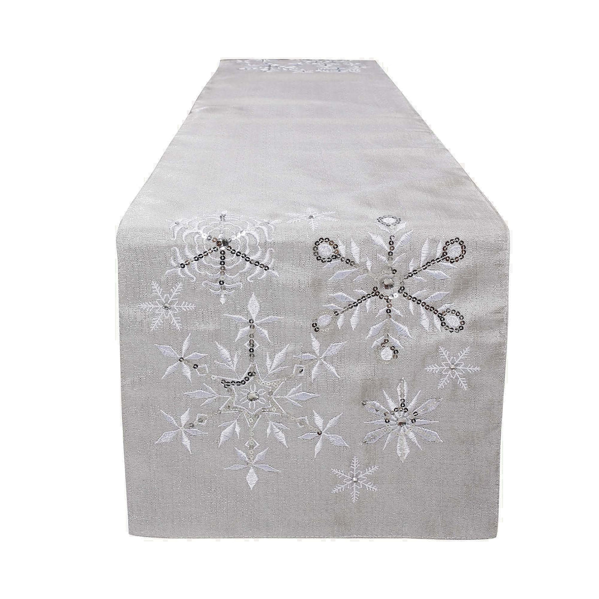 OWENIE Christmas Table Runner, Snowflake Silver Grey Table Runners, Xmas Holiday Tabletop Decor, Embroidery Table Centerpieces with Sequins and Diamonds, Glittering Winter Home Decorations, 14X70 Inch