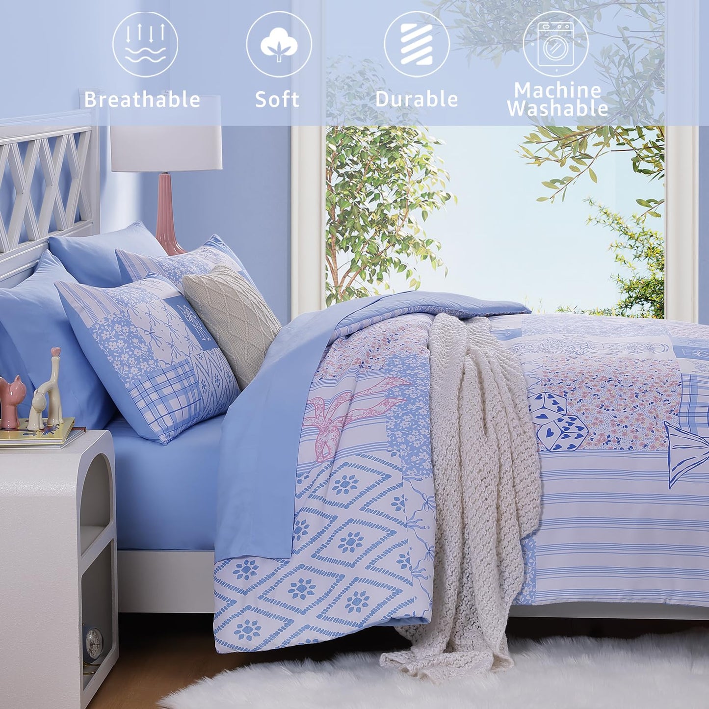 AMBERSPACE Twin XL Comforter Set for Girls, Cute Blue Bow Bedding 5 Pieces Kids Bed Set, All Season Dorm Bed in a Bag with Sheets, Pillowcase & Sham
