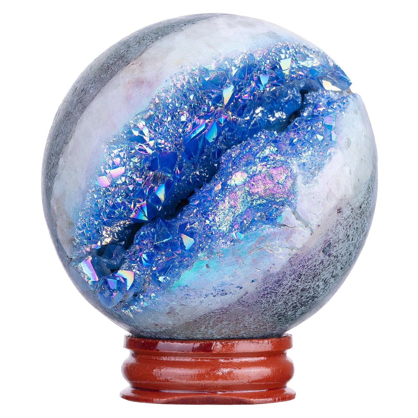Sportmusies Titanium Coated Rock Crystal Geode Ball with Wooden Stand, Druzy Quartz Stone Cluster Sphere Reiki Home Office Decoration, Blue