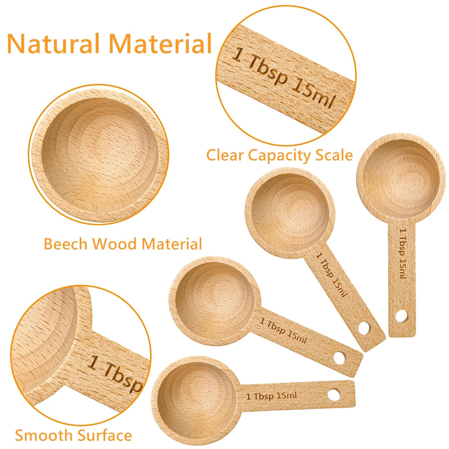 Tebery 8 Pack Wood Measuring Scoops for Canister, 1 Tablespoon Beech Coffee Scoop Measuring Spoons for Coffee Beans, Ground Coffee, Protein Powder, Spices, Tea and Bath Salt