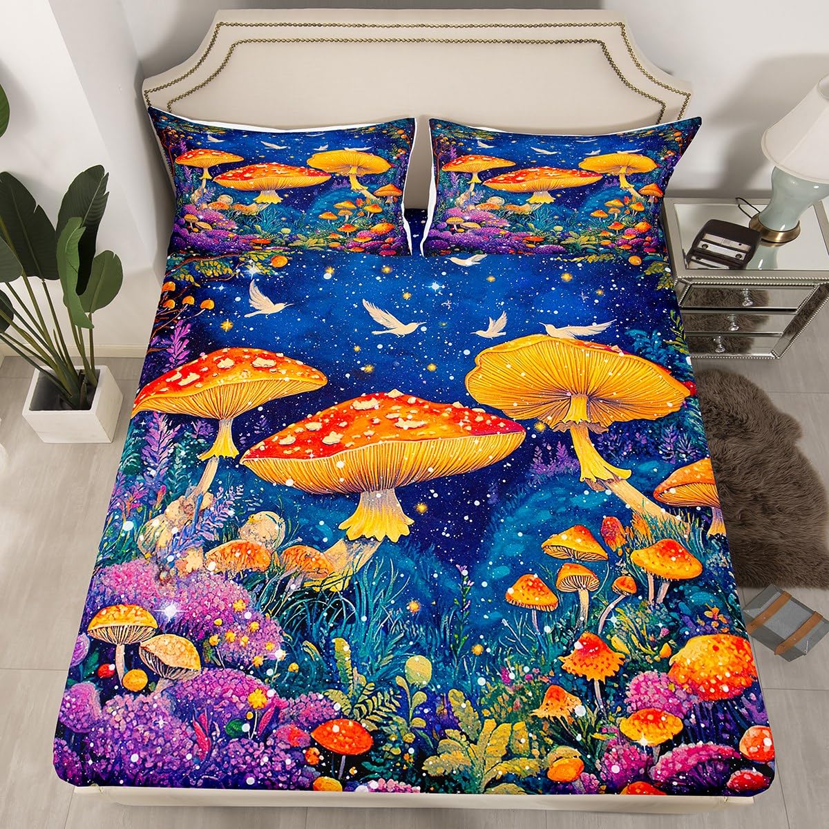 Feelyou Cute Mushroom Decor Bed Sheets Set Natural Mushrooms Sheet Set for Kids Boys Girls Teens Dreamy Fungus Sheets with Deep Pocket Fitted Sheet Queen Size Wild Mushroom Stuff Bedding Set 4Pcs