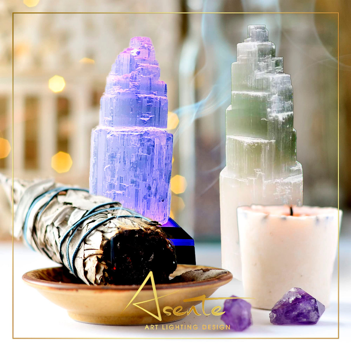 ASENTE 4 Inch Selenite Crystal Tower w/Light Stand - Lighted Base for Positive Energy Crystal Display - Calming Energy & Vibes