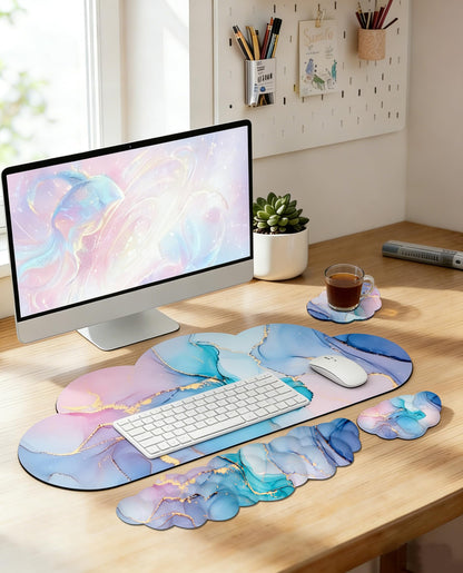 JIKIOU Large Cloud Mouse Pad Waterproof with Cloud Keyboard Wrist Pad and Cloud Mouse Wrist Pad Set, Ergonomic Computer Desk Wrist Support Mousepad for Keyboard and Mouse 35.4x15.7in Marble Blue