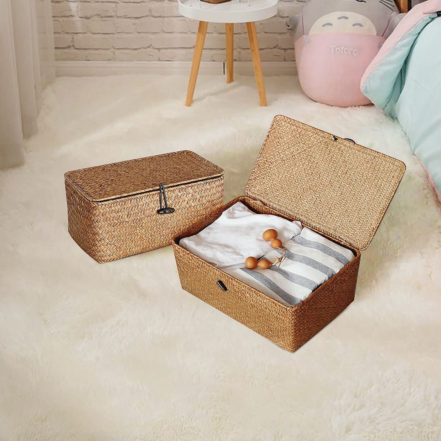 Wicker Storage Basket Woven Rattan Storage Box With Lids Seagrass Laundry Baskets Makeup Organizer For Bathroom, Living Room, Kitchen (M)